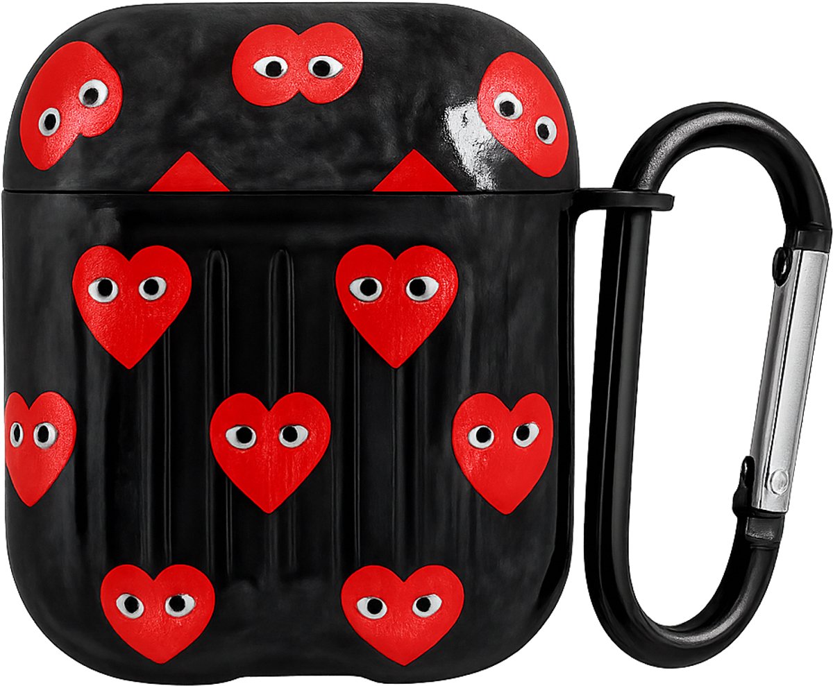 Shieldcase Heart Eyes beschermhoes geschikt voor Apple Airpods 1 / 2 case - hoesje voor koptelefoon - ultieme bescherming - hartjespatroon - rode hartjes - zwart