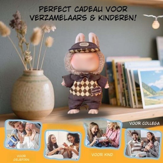 Schattig Geruit Wit/Bruin Truitje Kleding - Met Bruin Petje met Logootje en Bruin Broekje - Cute Outfit Accessoire Geschikt voor Labubu (Pop Niet Inbegrepen) van Merkloos — afbeelding 2