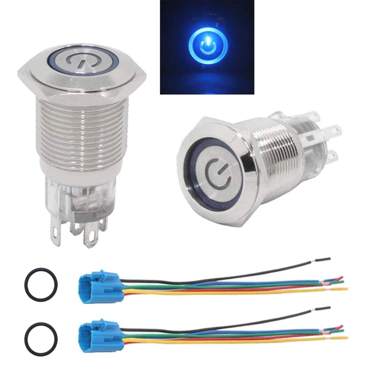 12 V 16 mm Metal Turn-on Button - Lock Switch - Power Button - Stainless Steel - Waterproof - Flat - Blauw - Durable - High Quality