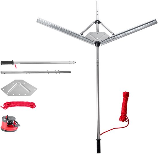 Set van aluminium maai-accessoires met rode werplijn en zuignap op witte achtergrond.