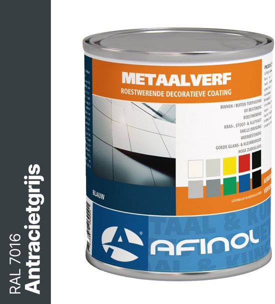 Een blik metaalverf met een etiket met een kleurenpalet en een afbeelding van een modern gebouw.