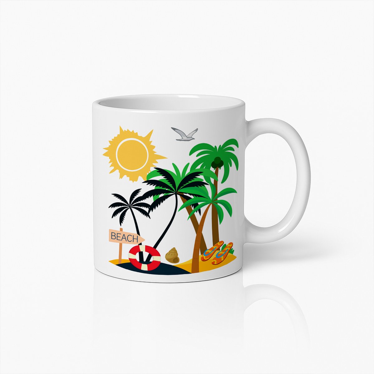 Tropische Strandmok – Kleurrijke Zomerse Koffiemok met Palmbomen, Zon en Zee-elementen