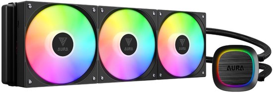 Aura koeler met drie ventilatoren die regenboogkleurig licht uitstralen en een vierkante pompunit met vergelijkbare verlichting.