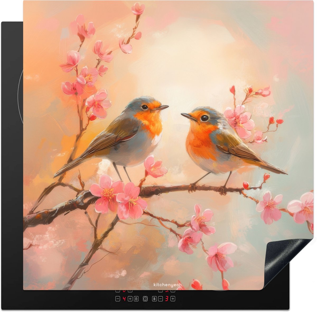 KitchenYeah® Inductie beschermer 60x60 cm - Roodborstjes - Bloesem - Vogels - Kookplaataccessoires - Afdekplaat voor kookplaat - Inductiebeschermer - Inductiemat - Inductieplaat mat - Keuken decoratie