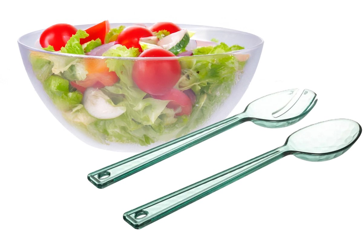 Salade serveer schaal - transparant - kunststof - Dia 27 cm - inclusief sla couvert/bestek