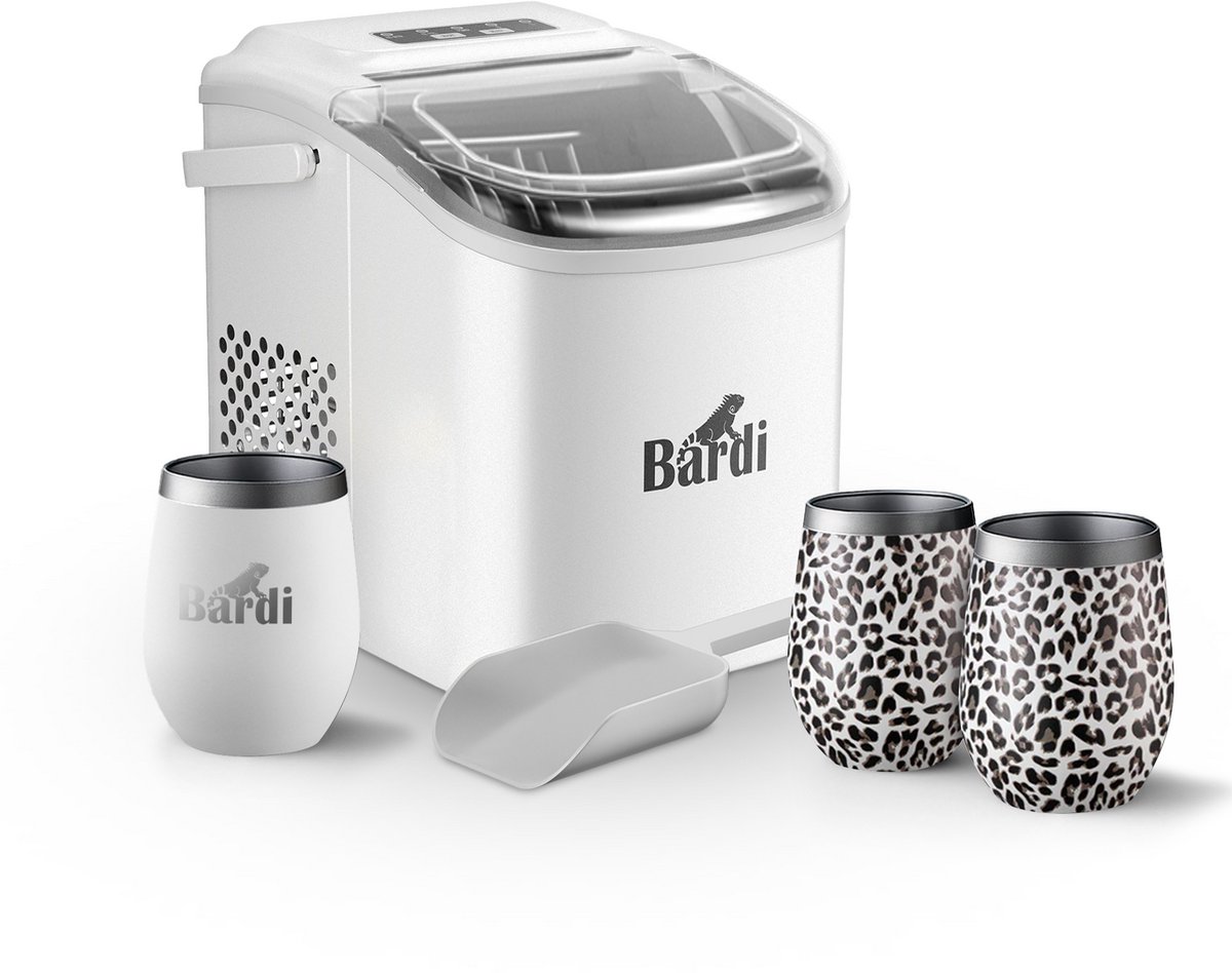 Bardi Deluxe IJsblokjesmachine Set 1,2 Liter Wit - 12KG IJsblokjes in 24 uur - met IJsschep - Inclusief 3 Luxe Thermosbekers en Ijsschep - Leo