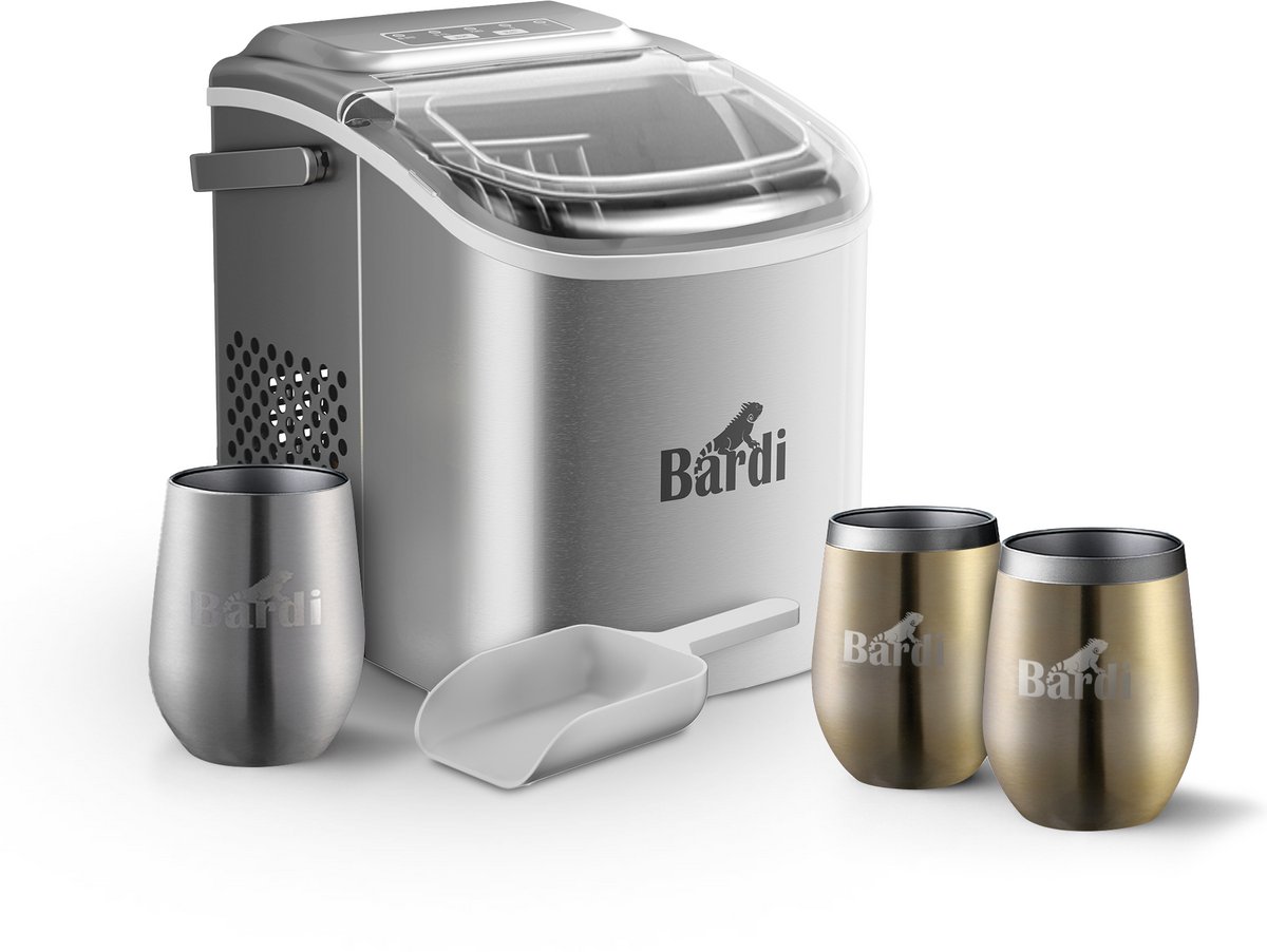 Bardi Deluxe ijsblokjesmachine set – 1,2L – RVS – Inclusief 3 Luxe Thermosbekers en ijsschep – Goud