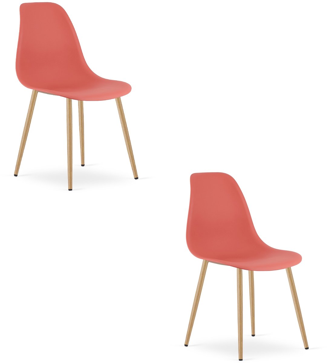 Set van 2 Stoelen WAT – Koraalrood, Houtlook Metalen Poten, Kunststof Zitting – Modern en Ergonomisch – Geschikt voor Eetkamer, Woonkamer, Keuken, Thuiswerkplek, Kantine en Wachtruimte – Eenvoudige Montage