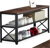 tectake® Smal schoenenrek met zitje - 3 niveaus van 1 zitje en 2 roosterplanken - Schoenenbank van hout en metaal - Industrieel design - Zwart metalen frame - Afmeting (LxBxH) 101 x 30,5 x 45,5 cm - Donkerbruin