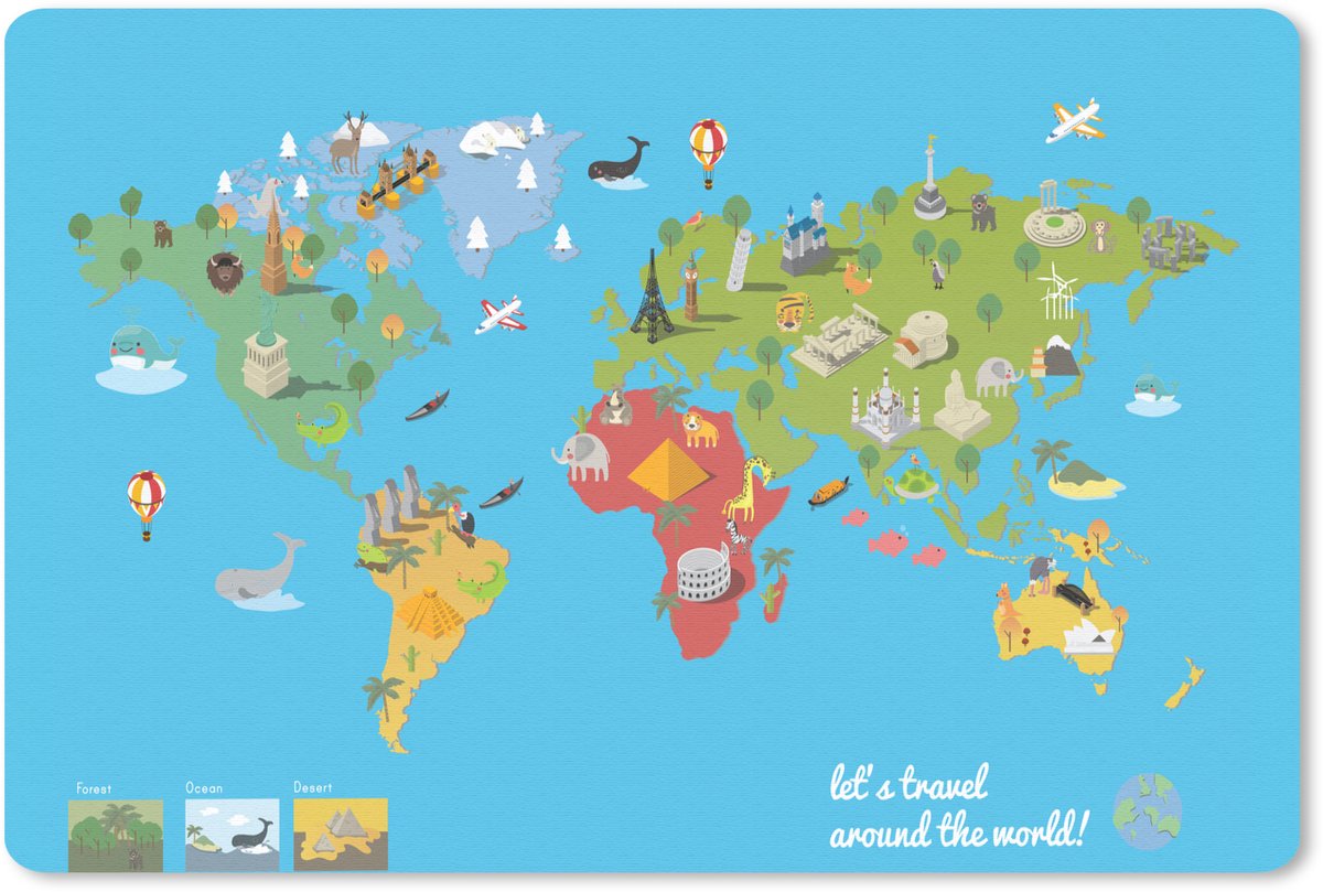 Muismat 27x18 cm - Mousepad Wereldkaart Kinderen - Modern - Symbolen - Muismatten