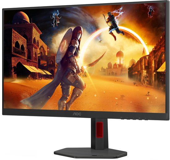 AOC gaming monitor in een hoek, met 260Hz overklok, 1ms GTG en Adaptive Sync. Beeld van krijger in woestijn.
