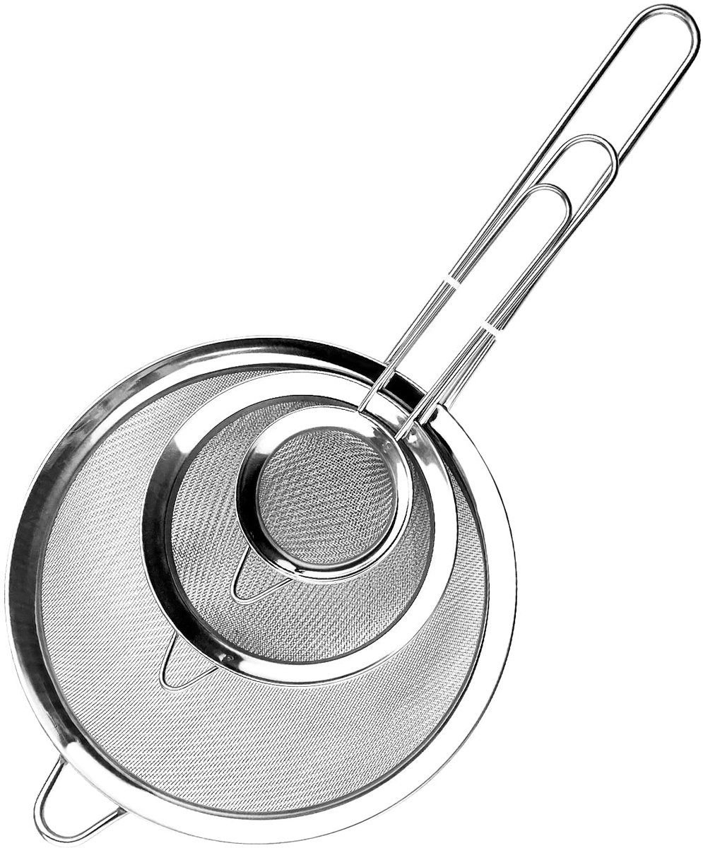 3-delige - RVS Zeef Set - 19/26/34,5 cm - Fijnmazige Vergiet - met Versterkt Handvat - voor Pasta,Quinoa,Groente,Fruit,Thee,Poedersuiker - zilver
