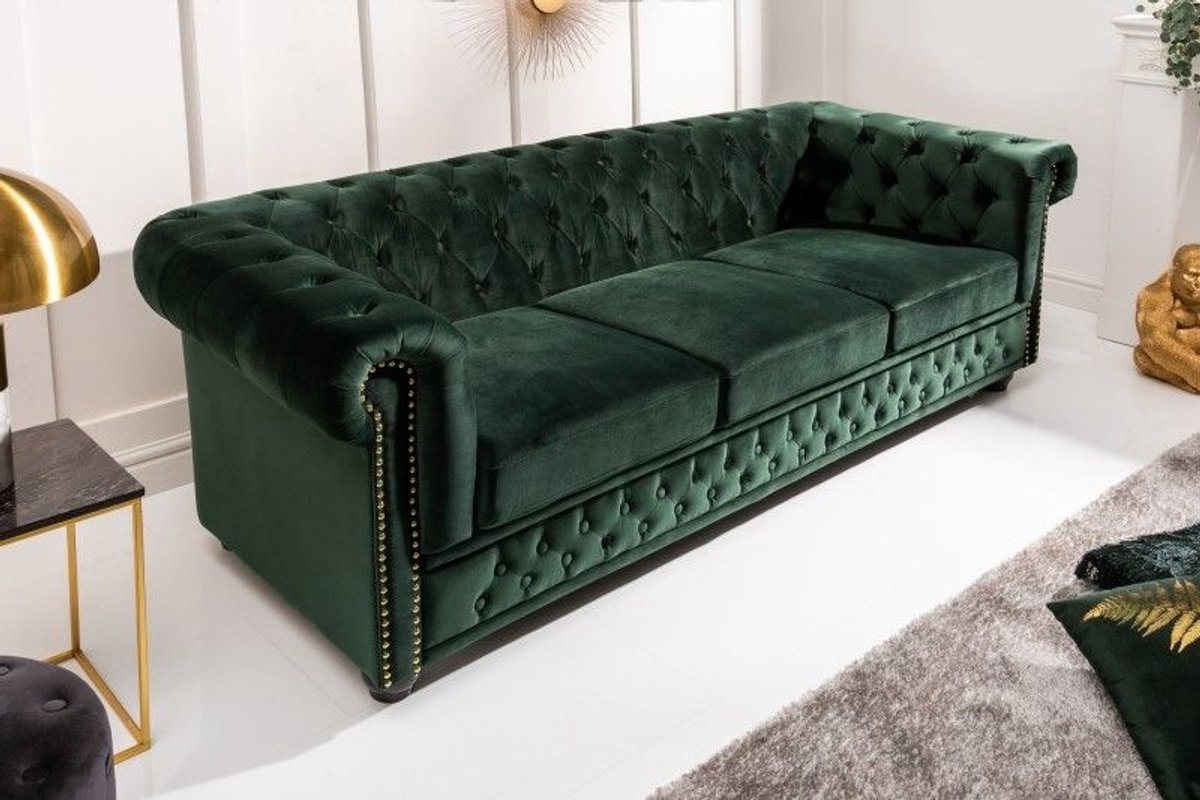 Chesterfield 3-zitsbank 205cm flesgroen fluweel met knoopstiksel en veerkern - 40483