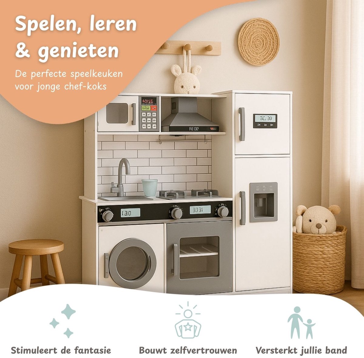 Maxx kidz - Houten Speelgoed Keuken - Complete Speelkeuken - Wit Keukentje met Grijze Afwerking - Stevige Kinderkeuken met Accessoires - Speelgoedkeuken met Geluid — afbeelding 8