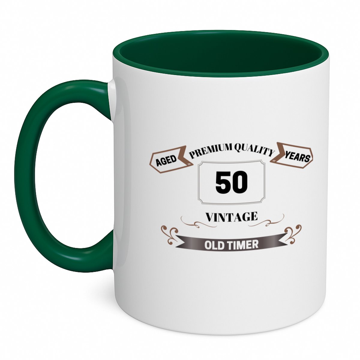 Hacebo® - 50 vintage old timer koffiebeker donker groen - mensen die 50 zijn geworden - thee mok - koffie beker - 50 jaar Sarah en Abraham cadeau - Jubileum man en vrouw - Verjaardags - Grappige tekst - Jarig - koffiemok - 350 ML inhoud