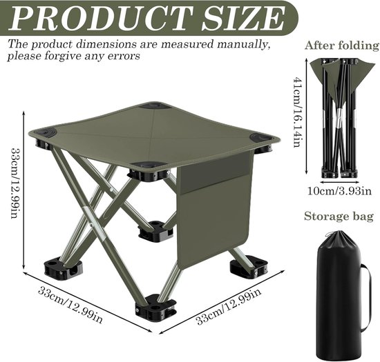 Green-Opvouwbare kruk-Campingkruk-Opvouwbare 180 kg draagbare viskruk met zijvakken en opbergtas, lichtgewicht opvouwbare kruk voor kamperen, vissen, concerten, buiten, 33 x 33 x 33 cm — afbeelding 5