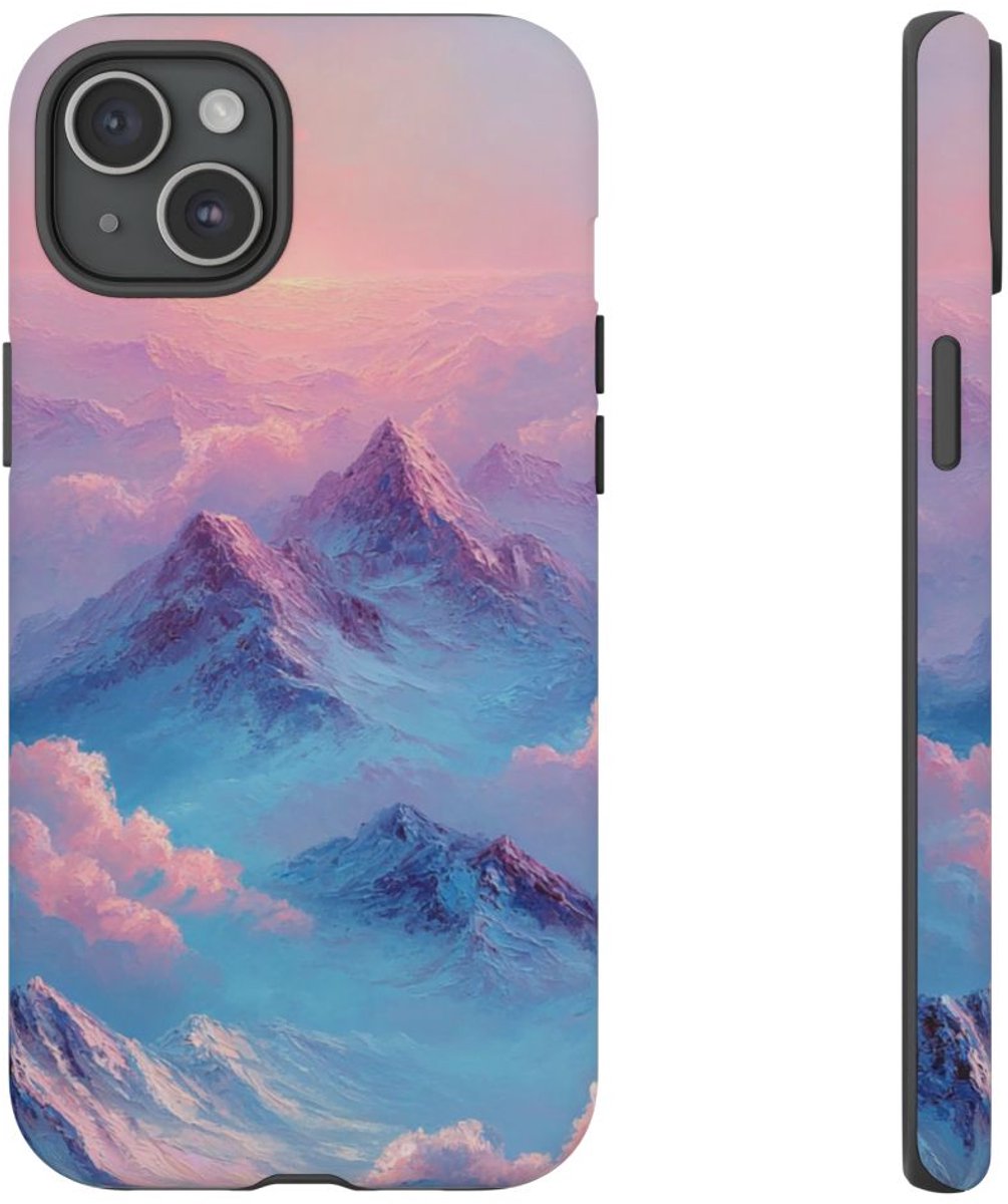 Dromerige Roze en Blauwe Bergen – Telefoonhoesje Geschikt voor iPhone 15 Plus