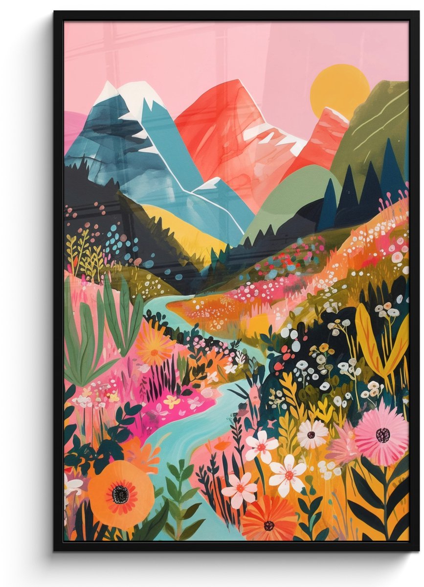 FrameYourWall Poster in lijst - Fotolijst 80x120 cm - Posters - Rivier - Diepte - Bloemen - Posterlijst zwart - Decoratie - Wanddecoratie woonkamer - Muurdecoratie slaapkamer Rivier - Bergen - Kleurrijk