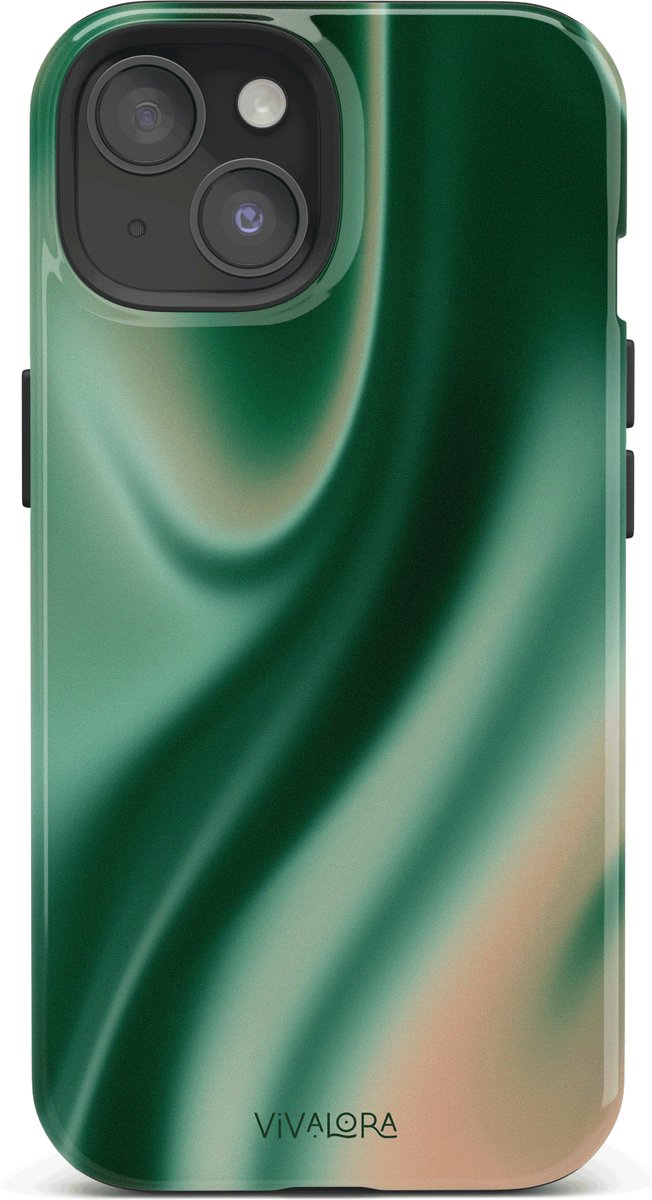 VivaLora Tough Telefoonhoesje iPhone 15 met MagSafe - Satin Shimmer Print - 2-in-1 Phone Case - Hard Case & Siliconen Backcover - Extra Bescherming - Shockproof Cover - Gradient Groen