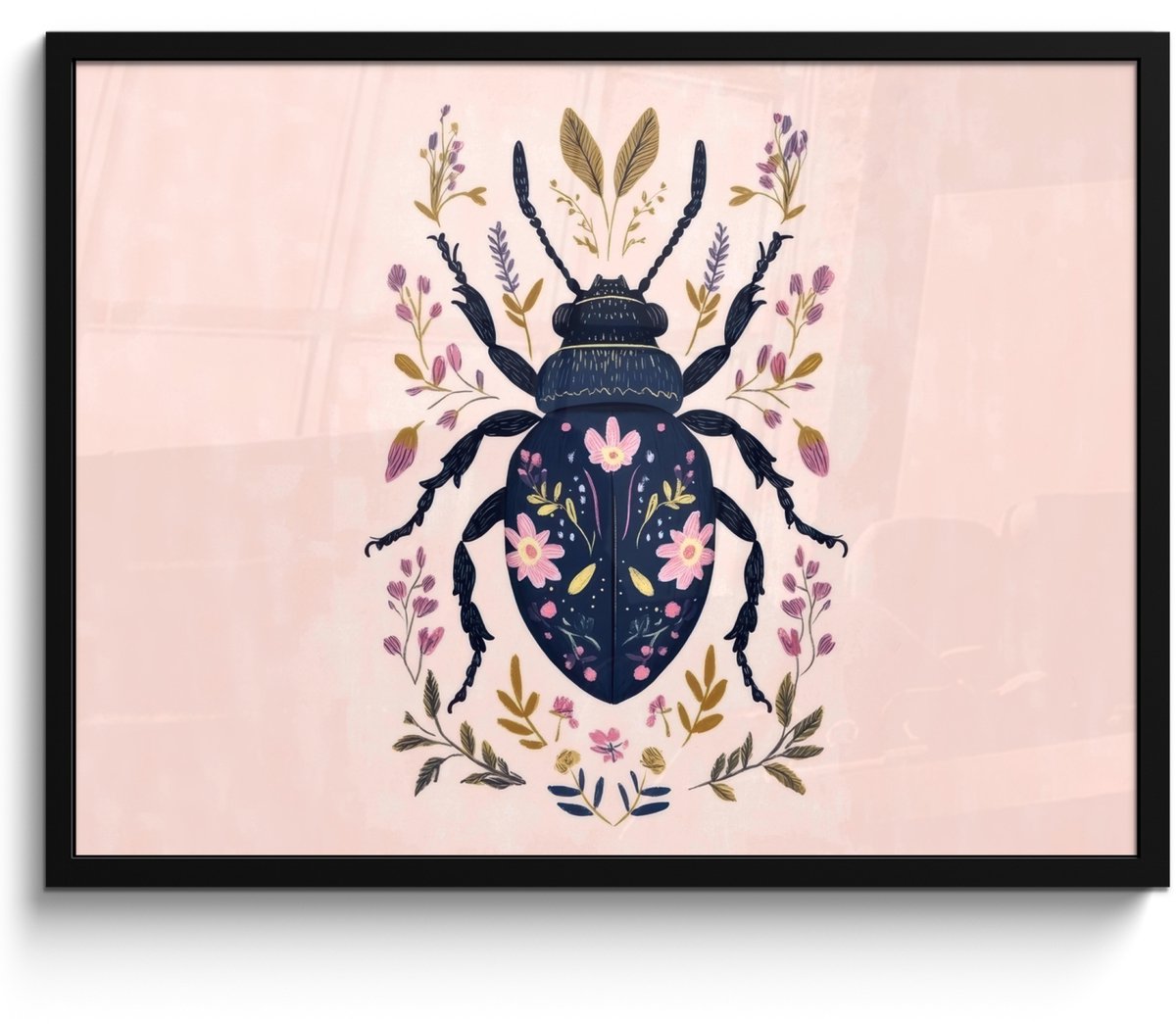FrameYourWall Poster in lijst - Fotolijst 80x60 cm - Posters - Donkerblauw - Kever - Bloemtakken - Sierlijk - Posterlijst zwart - Decoratie - Wanddecoratie woonkamer - Muurdecoratie slaapkamer Kever - Bloemen