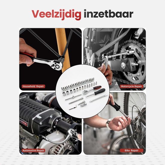 Collage van 4 gereedschapsafbeeldingen: huishoudelijke reparatie, motorreparatie, auto-reparatie en fietsreparatie, met een dopsleutelset in het midden.