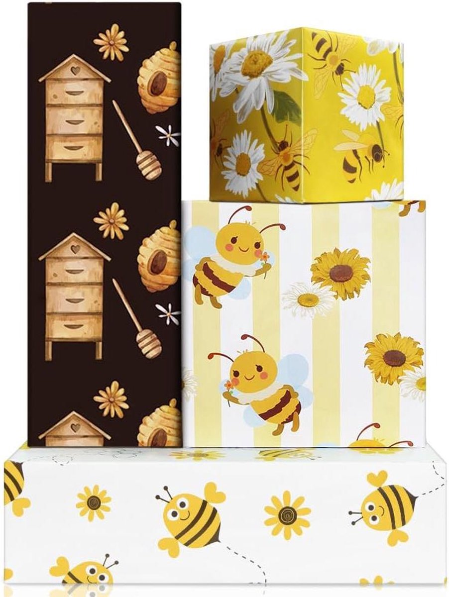 Inpakpapier Bijen thema - 8 vellen voor kinderen - jongens en meisjes - honingbij honingraat bloem - verjaardag lente - 50 x 70 cm per vel.