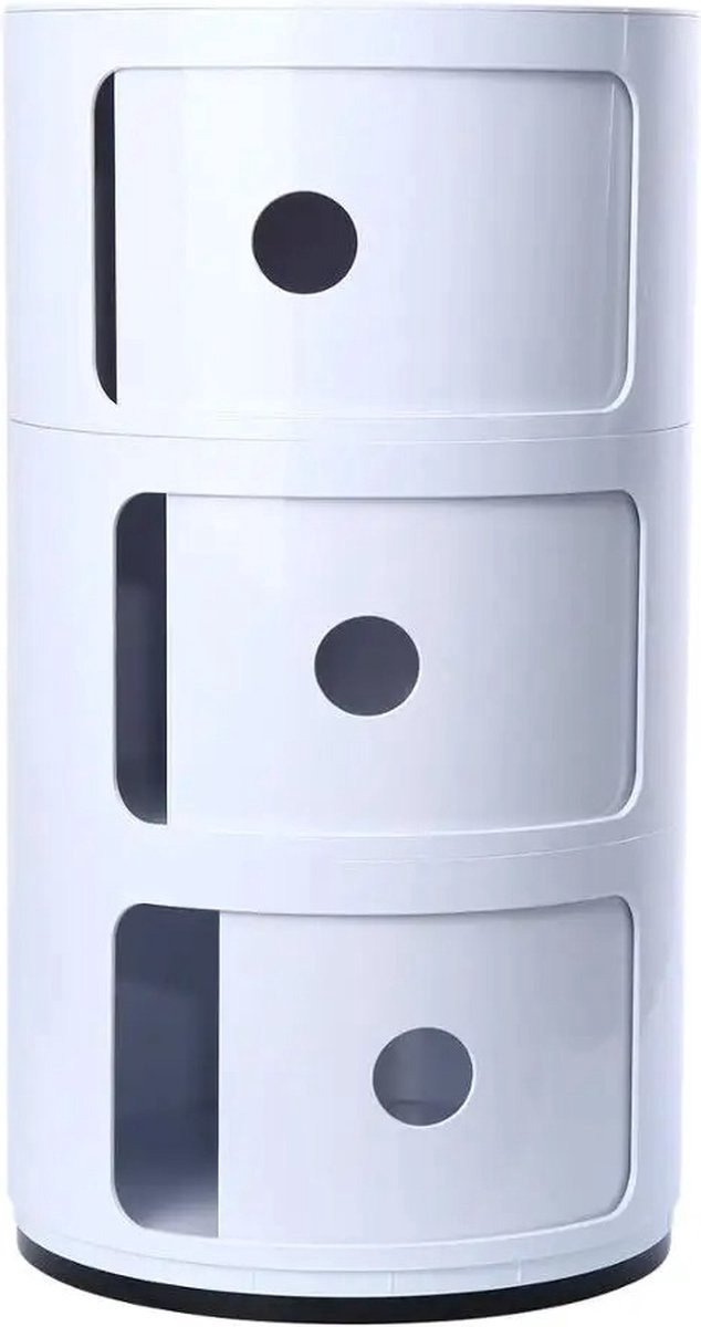WNHB® Rond nachtkastje - wit - modern design - 3 lagen - schuifdeur - 58 cm hoog - 32 cm diameter - duurzaam ABS-materiaal