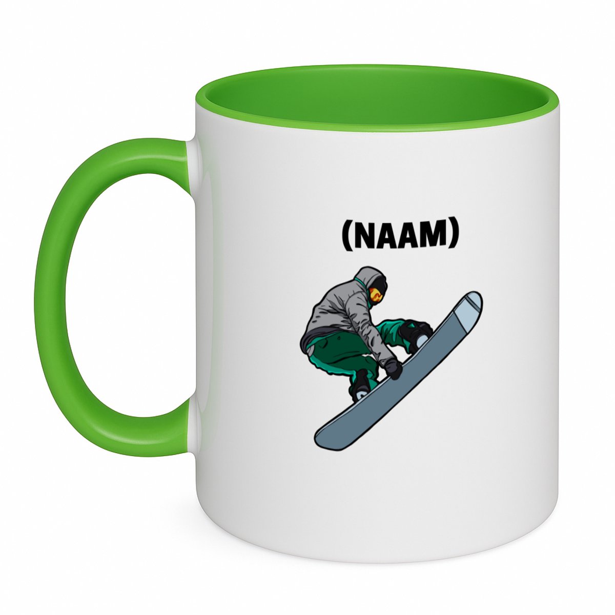 Hacebo® - Snowboard met eigen naam koffiebeker groen - Snowboarden - Snowboarders - thee mok - koffie beker - Wintersport - koffiemok - 350 ML inhoud