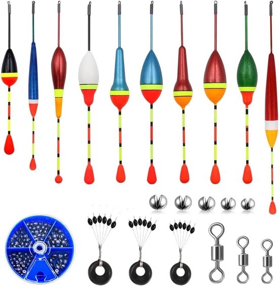 Allecto Plus - Set de 10 Cannes à pêche Flotteurs en 5 tailles - 3 émerillons et 3 bouchons en caoutchouc - Pour lacs, Étangs, rivières, océan