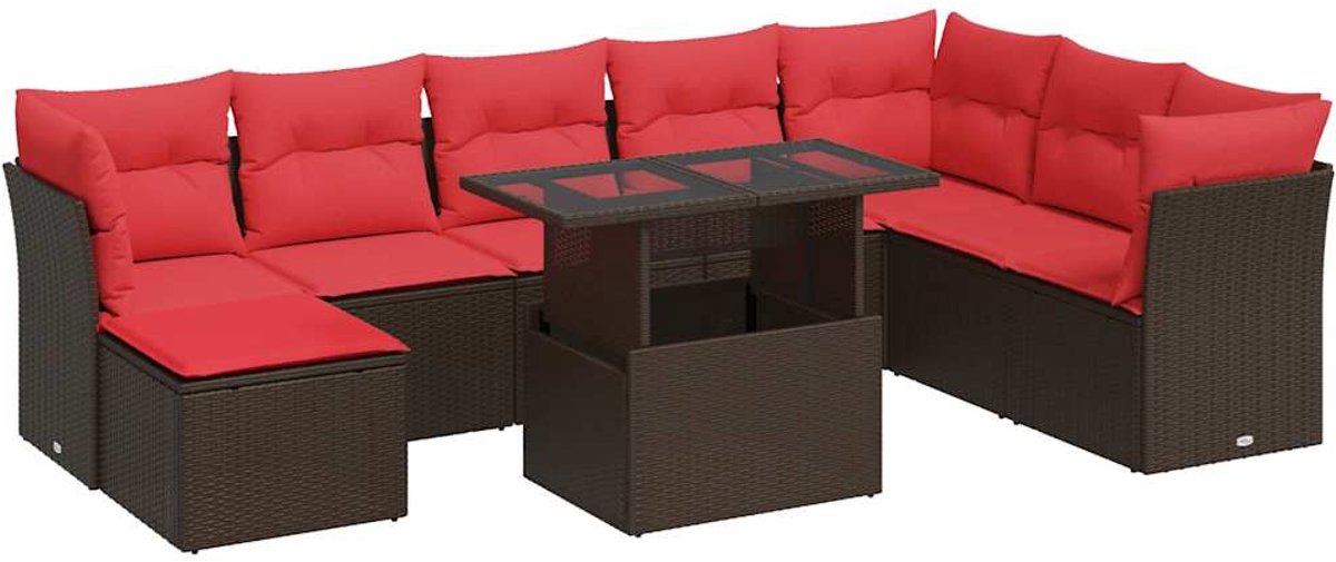vidaXL 9-delige - Loungeset - met - kussens - poly - rattan - acacia - bruin