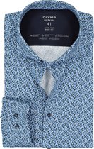 OLYMP Level 5 body fit overhemd 24/7 - mouwlengte 7 - licht- met donkerblauw tricot dessin - Strijkvriendelijk - Boordmaat: 40