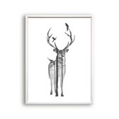 Schilderij  Hert in het zwart / wit bos / Bos / 50x40cm