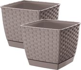 Set van 2x stuks plantenpotten/bloempotten rotan kunststof 19 x 19 cm en hoogte 16 cm taupe/beige voor binnen/buiten