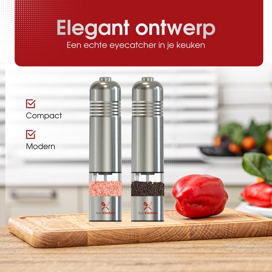 Aye Kitchen Peper en Zout Molen Set – Elektrisch – Voor Kruiden & Specerijen – RVS - Duurzaam - Aye Kitchen