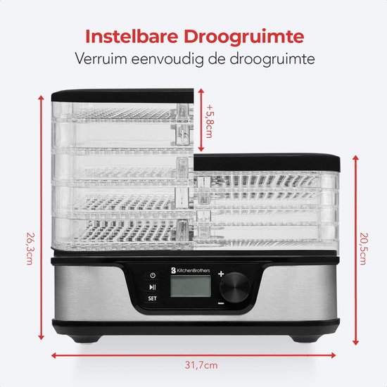 Afmetingen KitchenBrothers voedseldroger: 31,7cm breed, 26,3cm hoog en 20,5cm diep. Instelbare droogruimte.