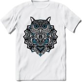 Uil - Dieren Mandala T-Shirt | Blauw | Grappig Verjaardag Zentangle Dierenkop Cadeau Shirt | Dames - Heren - Unisex | Wildlife Tshirt Kleding Kado | - Wit - XXL