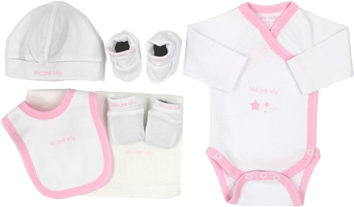 Petit Villain Welcome Baby Maat 56 Wit/Roze 6-delige Cadeauset