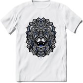 Leeuw - Dieren Mandala T-Shirt | Donkerblauw | Grappig Verjaardag Zentangle Dierenkop Cadeau Shirt | Dames - Heren - Unisex | Wildlife Tshirt Kleding Kado | - Wit - S