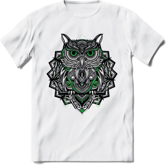 Uil - Dieren Mandala T-Shirt | Groen | Grappig Verjaardag Zentangle Dierenkop Cadeau Shirt | Dames - Heren - Unisex | Wildlife Tshirt Kleding Kado | - Wit - XXL