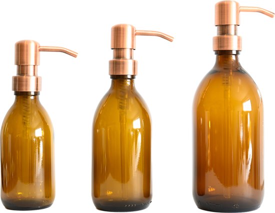 Groeikruid® Zeeppompjes Set voor Keuken, Badkamer en Toilet | Zeepdispensers 200 ml + 300 ml + 500 ml | Vrijstaand en Hervulbaar | Amber Glas met RVS pompkop | Koper