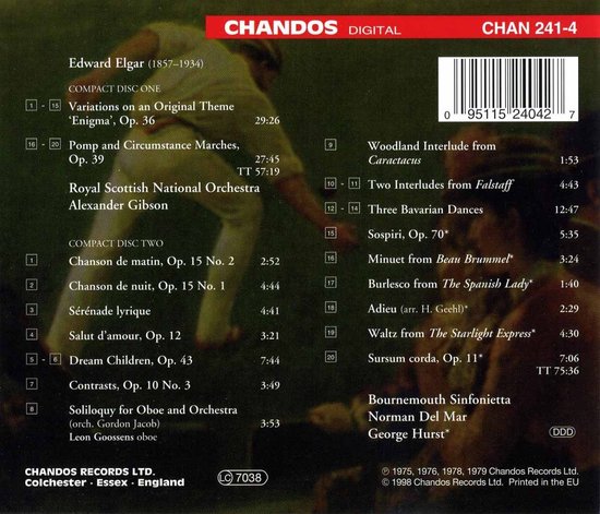 De achterkant van een CD-hoes met een tracklist voor Edward Elgar, uitgevoerd door het Royal Scottish National Orchestra en Bournemouth Sinfonietta.