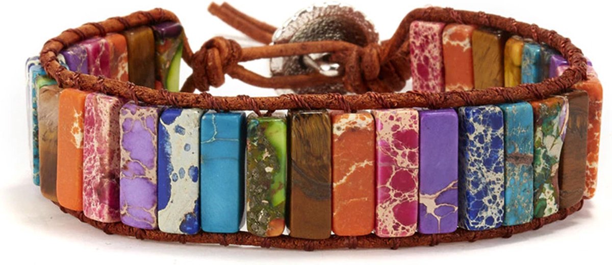 DW4Trading Chakra Armband 4 - Multicolor Natuursteen Regenboog - Imitatie Leer - Smal