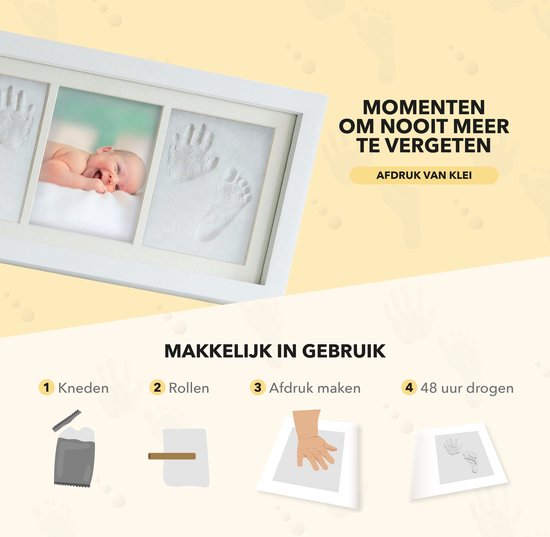 RX Goods Baby Fotolijst met Klei Voetafdruk & Handafdruk – Kraamcadeau Babyshower – Geen Gips, Inkt - RX Goods
