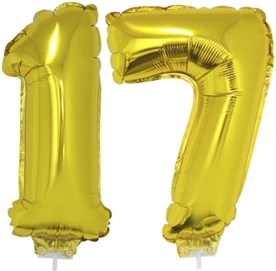 17 jaar leeftijd feestartikelen/versiering cijfers ballonnen op stokje van 41 cm - Combi van cijfer 17 in het goud