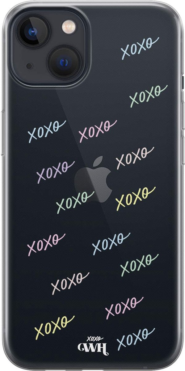 XoXo Colors - iPhone Transparant case - Transparant hoesje geschikt voor iPhone 13 - Doorzichtig shockproof case met opdruk xoxo - Siliconen hoesje