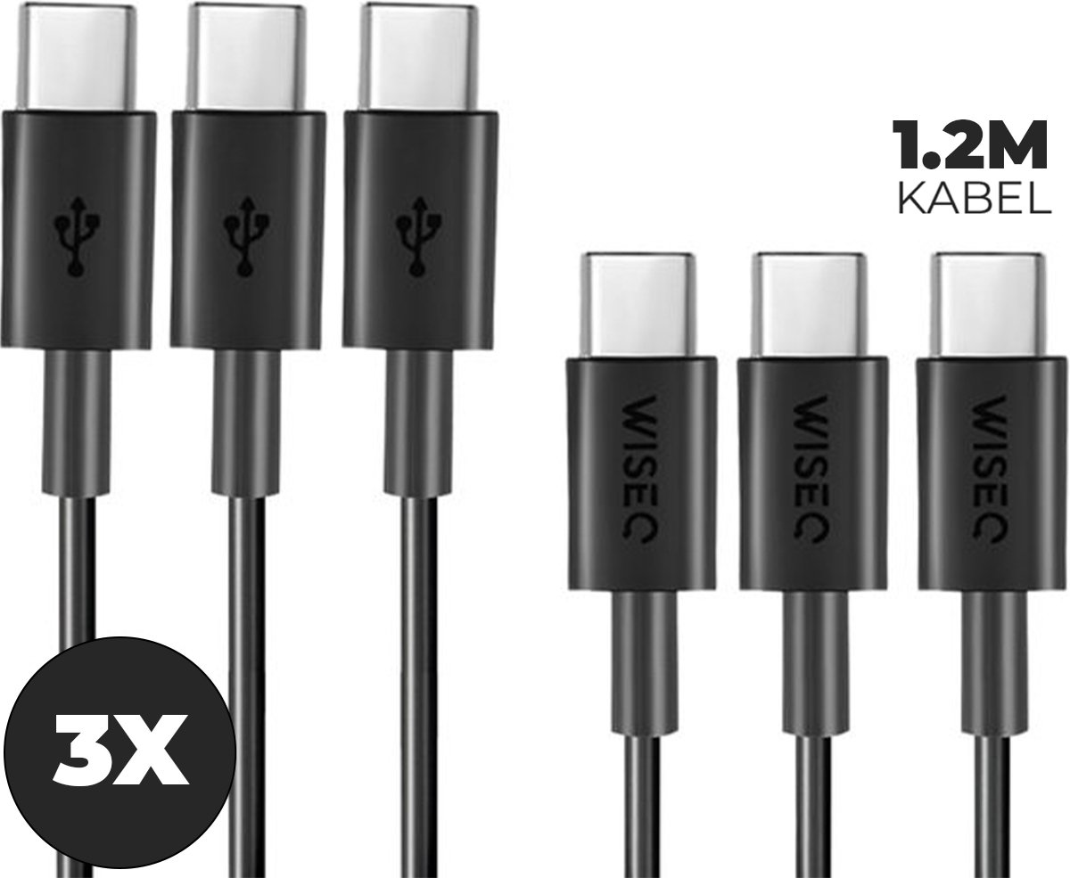 WISEQ USB C Kabel - 1.2 Meter USB-C Oplader Kabel - Zwart - 3 stuks