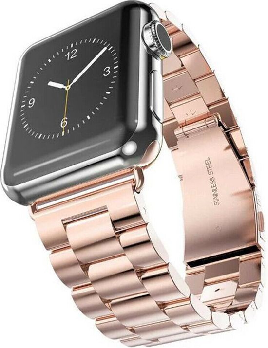 Rosegouden Apple Watch band van roestvrij staal met vlindersluiting.