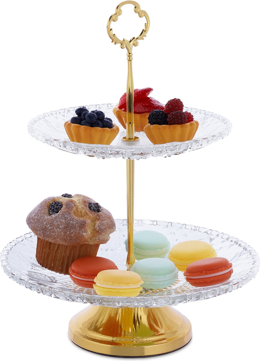 etagère 2 laags - 30 x 23 cm - glas - ijzer - transprant-goud