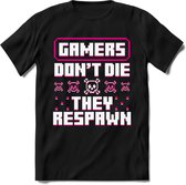 Gamers don't die pixel T-shirt | Roze | Gaming kleding | Grappig game verjaardag cadeau shirt Heren – Dames – Unisex | - Zwart - 3XL