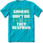 Gamers don't die pixel T-shirt | Groen | Gaming kleding | Grappig game verjaardag cadeau shirt Heren – Dames – Unisex | - Blauw - S